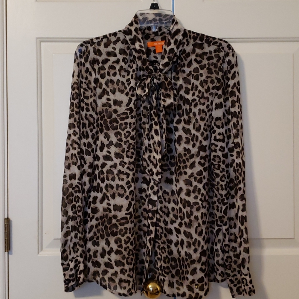 Joe Fresh animal print sheer tie neck blouse Lg
